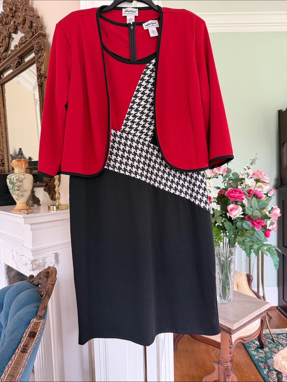 Anthony Richards Red and Black Houndstooth 2 Piece Dress Set, size 16